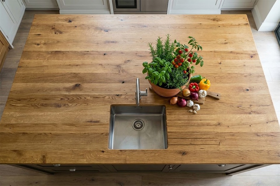 Full Stave Rustic Oak Worktop 40mm By 620mm By 2500mm at Wood and Beyond