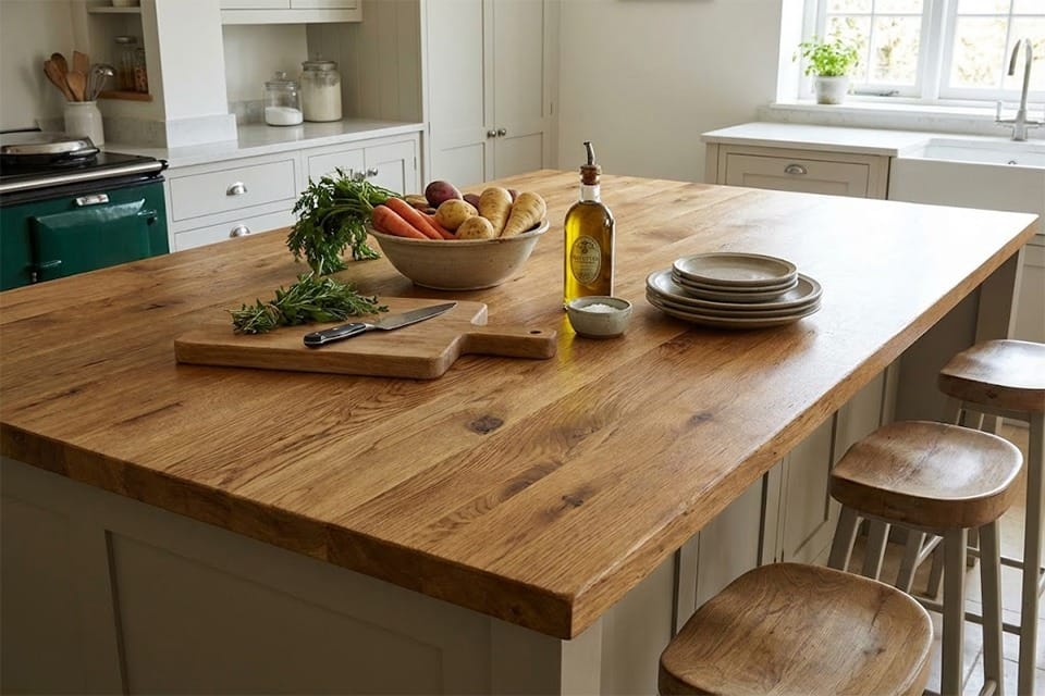 tobacco oak worktop Full Stave Rustic Oak Worktop 40mm By 750mm By 2800mm at Wood and Beyond