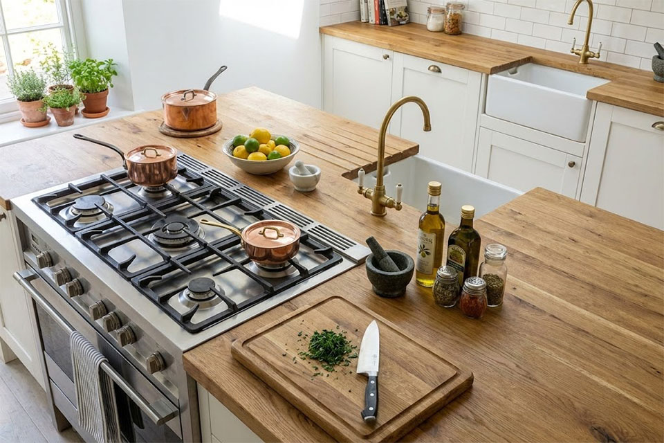 Full Stave Rustic Oak Worktop 40mm By 750mm By 2500mm at Wood and Beyond